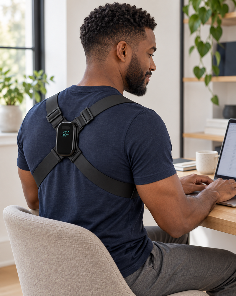 Illustration of a man wearing a posture trainer at his desk