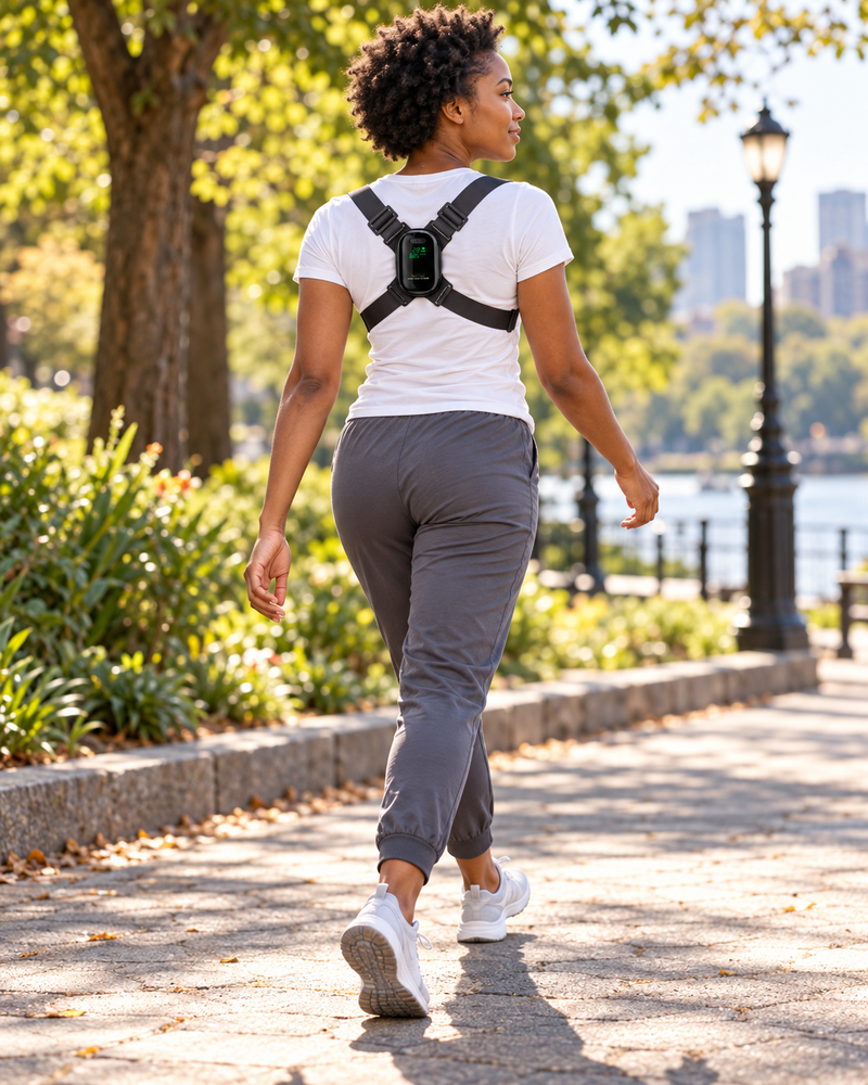 Illustration of a woman wearing a posture trainer during a park walk